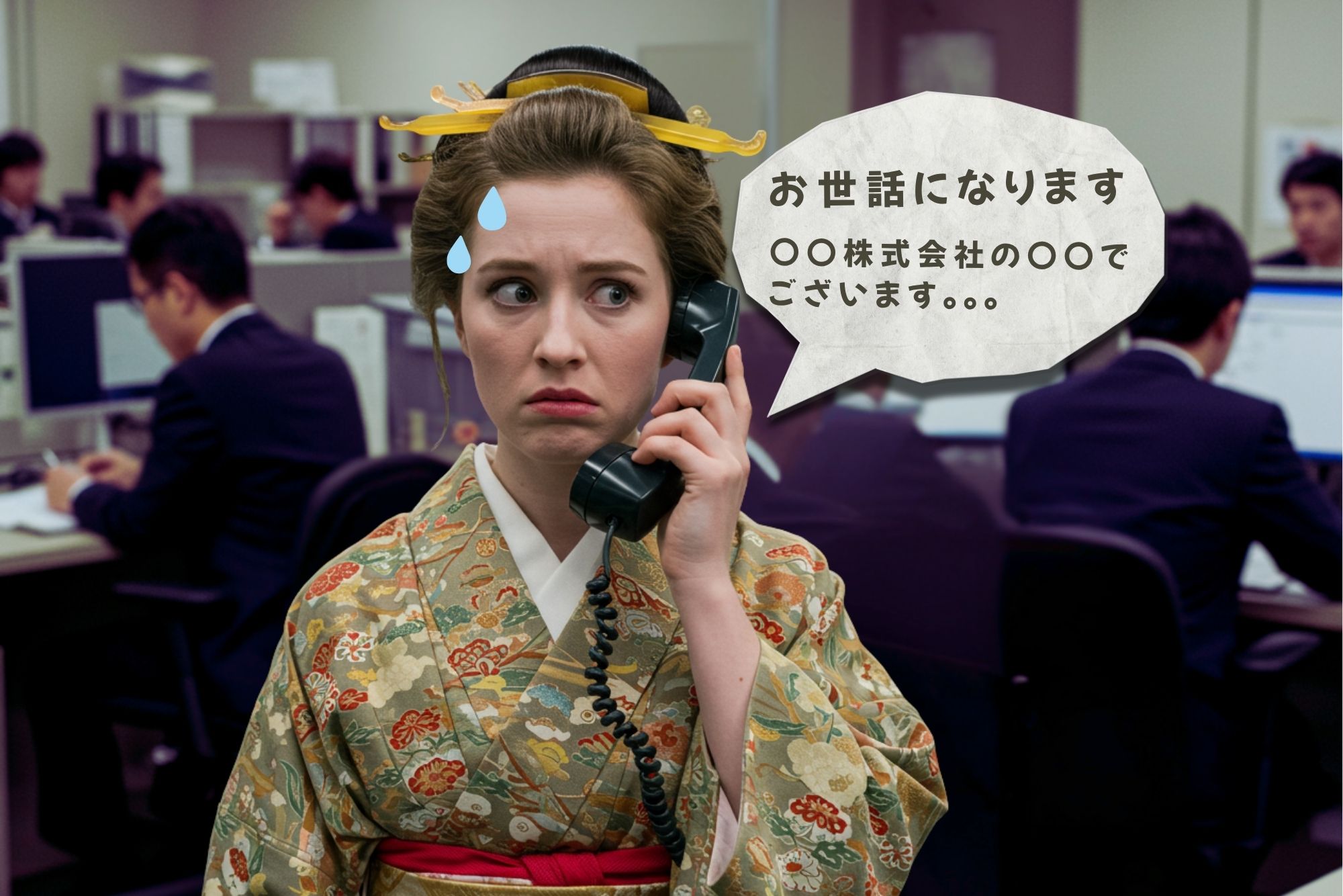 A Caucasian woman dressed as a geisha holds a black telephone receiver to her ear in an office setting, looking bewildered. Next to her, a speech bubble contains Japanese text.