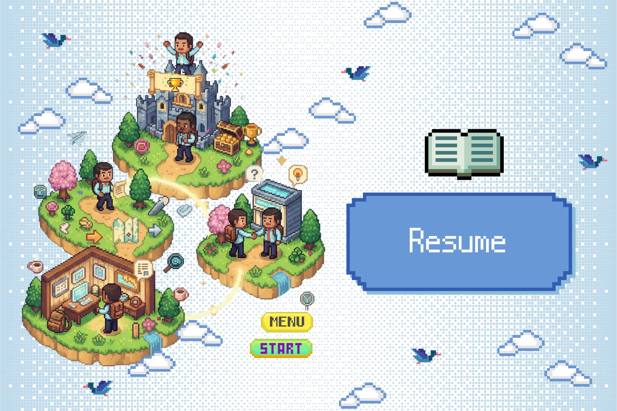 An illustration of a video game main menu screen in pixel art style. The scene includes a light blue grid pattern background with white clouds and blue birds. In the center right, there is a blue button labeled "Resume", while below there are two yellow buttons labeled "MENU" and "START". On the left side, four floating islands are connected by a dotted yellow path, each displaying scenes of a student's academic journey: a student at a desk with a computer, a student walking with a map, two students shaking hands outside a building, and a student standing on a castle with a trophy.