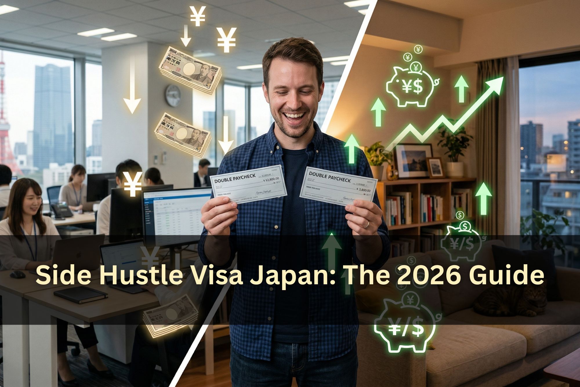 An image depicting a comparison related to working in Japan. On the left, a modern office scene with employees working at computers, Yen notes falling, and arrows showing financial flow. On the right, a person smiles while holding two "Double Paycheck" slips in a cozy living room with a cityscape view. The visuals include glowing piggy bank icons with Yen and Dollar signs, as well as an upward trending graph symbolizing financial growth. Overlay text reads "Side Hustle Visa Japan: The 2026 Guide." This image is part of a career guide for expats and foreigners working in Japan, focusing on side hustles, visa requirements, achieving double income, and navigating tax filing and potential tax traps related to "fukugyou" (side hustle).