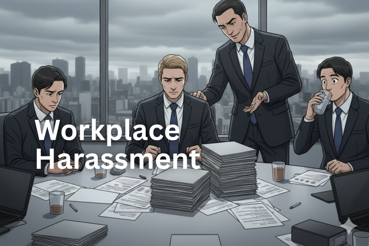 Four men in suits sit around a table cluttered with papers and stacks of documents. One man stands behind another, placing a hand on his shoulder with a slight smirk. The atmosphere appears tense, with the other men showing signs of stress or concern. Through a window in the background, a cityscape is visible. The image conveys a scene related to Workplace Harassment in Japan, relevant for an expat career guide offering advice on handling such situations.