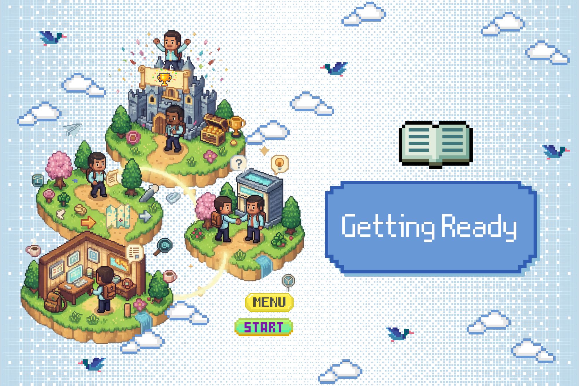 An illustration of a video game main menu screen in pixel art style. The background features a light blue grid pattern with white clouds and blue birds. In the center right is a blue button labeled "Getting Ready". Below are two yellow buttons labeled "MENU" and "START". To the left are four floating islands connected by a dotted yellow path, each depicting scenes of a student's academic journey: a student at a desk with a computer, a student walking with a map, two students shaking hands outside a building, and a student standing on a castle with a trophy.