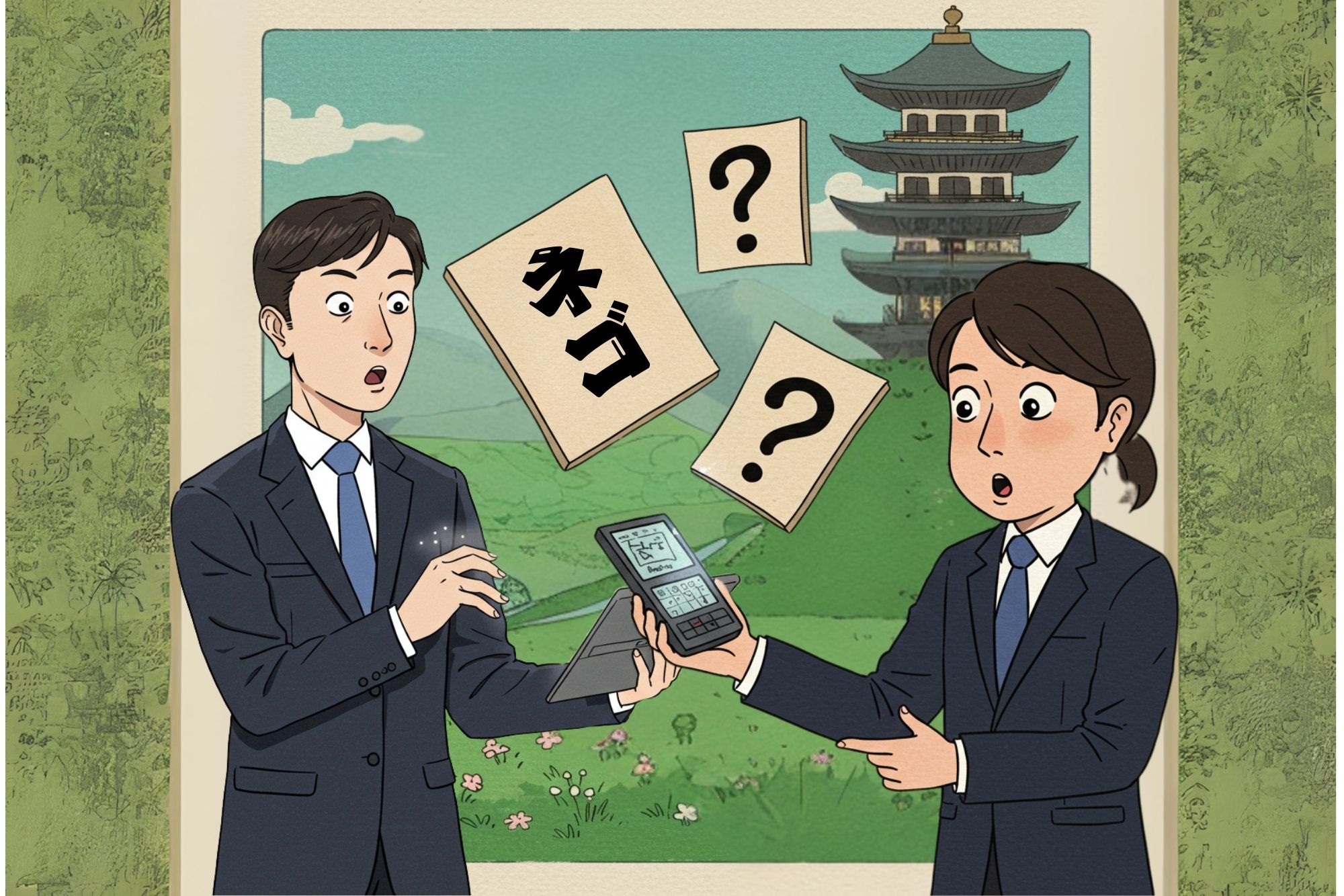 An Ukiyo-e style illustration shows two perplexed business professionals, a man and a woman, looking at a modern electronic dictionary. From the dictionary, a word in Japanese, "ネゴ," is flying out on a piece of paper with a question mark. The background is a traditional Japanese landscape with a pagoda. The image represents the confusion of Japanese business terms and Wasei-Eigo that are not found in textbooks.