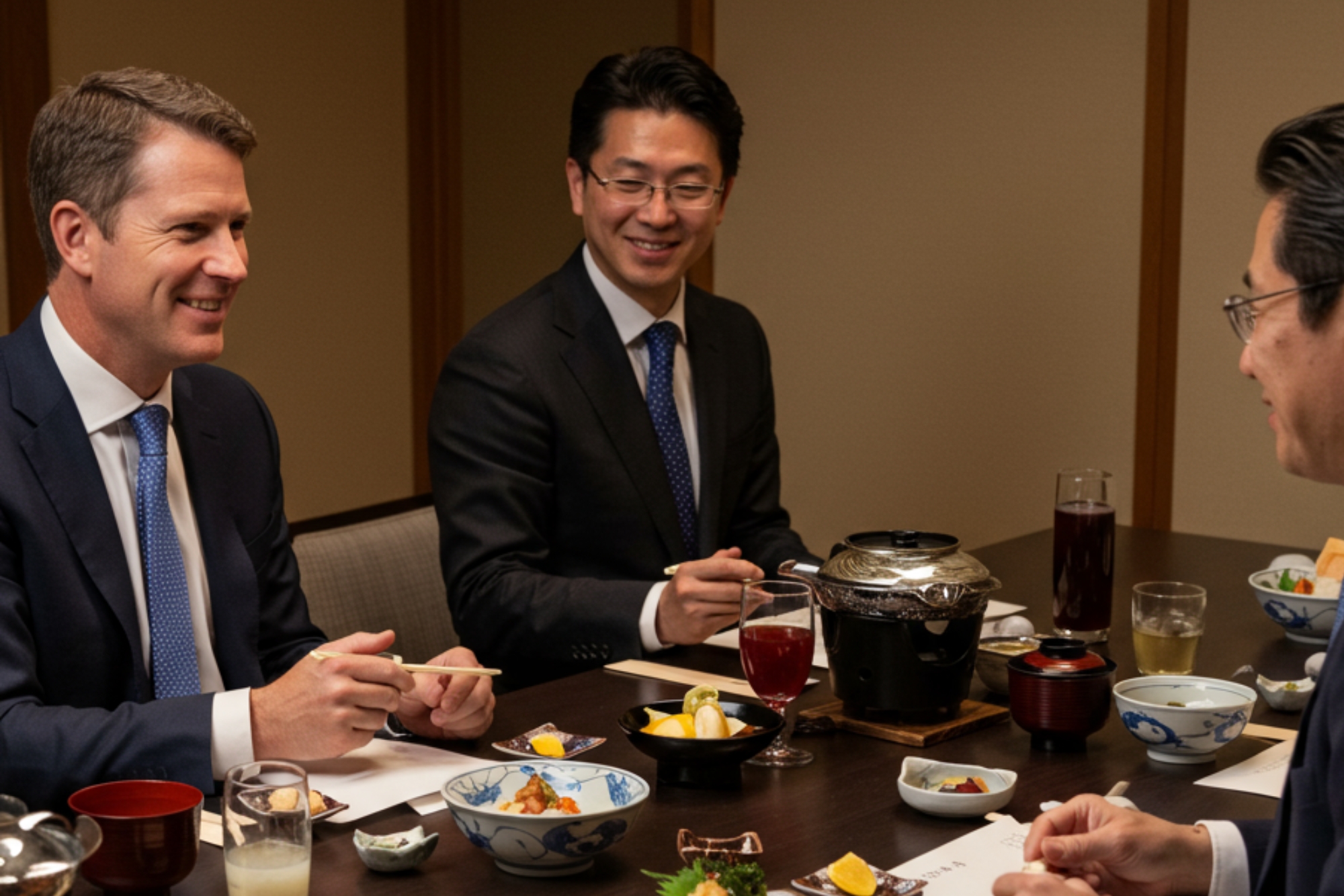 Three men in suits are enjoying a meal together, showcasing Japanese Dining Etiquettes as they use chopsticks at a table set with traditional dishes and drinks.