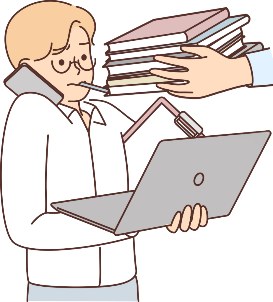 Overworked person with laptop in hands, cell phone held between one shoulder and ear, notepad in one arm is being handed books by someone.