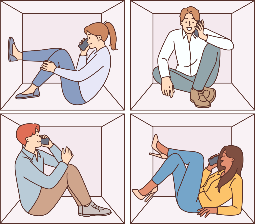 Four diverse individuals making a call, are depicted in separate boxes, each engaged in a phone call, suggesting themes of communication, isolation, or confinement.