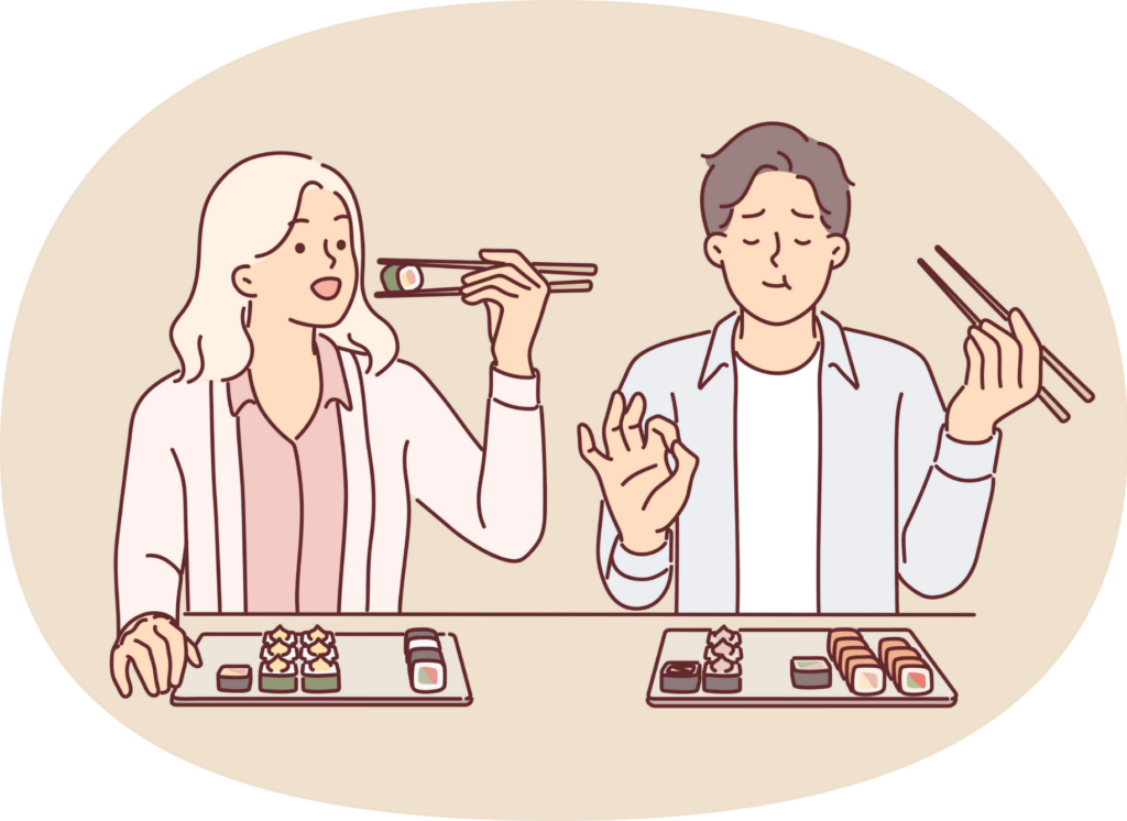 A woman and a man enjoying sushi at a table, with the man giving an "OK" sign to indicate his satisfaction.