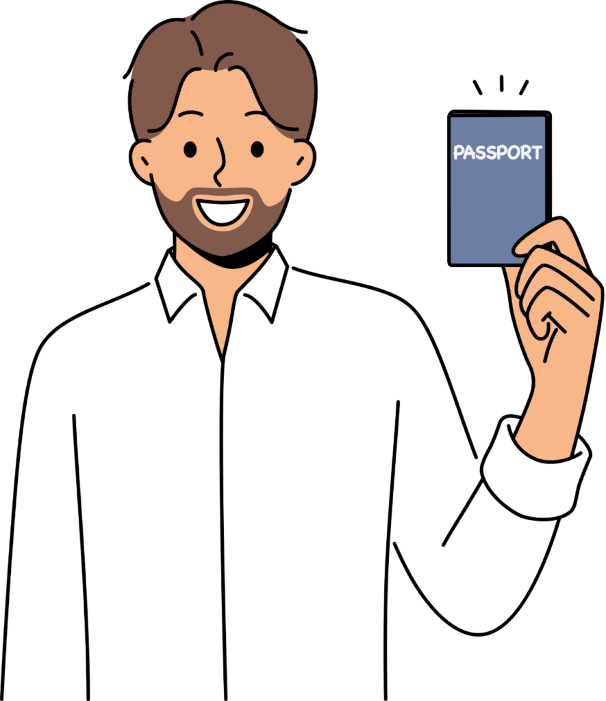 A smiling man holding up a blue passport.
