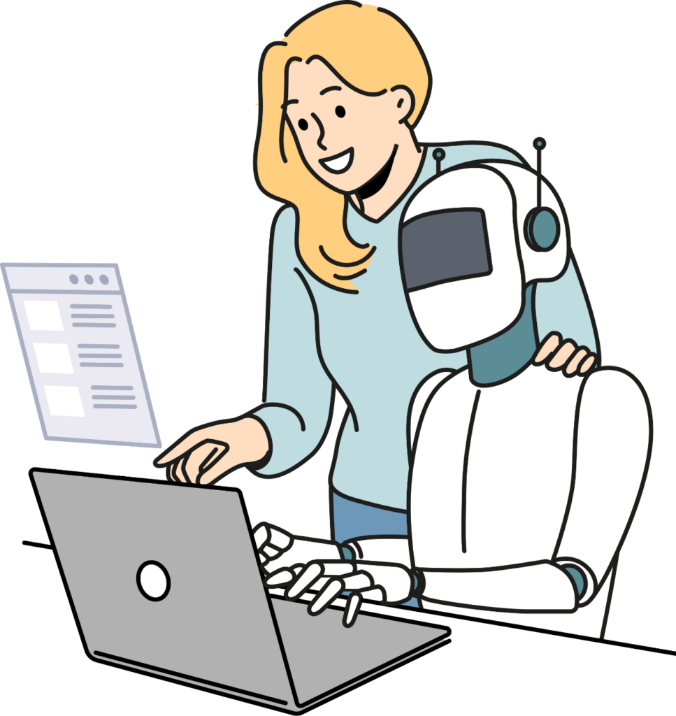 A digital illustration featuring a woman with blonde hair in a light blue shirt standing behind a white robot, both focused on a laptop screen. The woman gestures towards the screen while placing her hand on the robot's shoulder, showcasing collaboration. This image could be utilized in an expat career guide on Daijob.com, highlighting the integration of AI in the job market for foreigners in Japan. It exemplifies how AI can aid in personal branding and career development, especially in Japanese or Business Japanese settings, emphasizing the use of AI for career advancement.