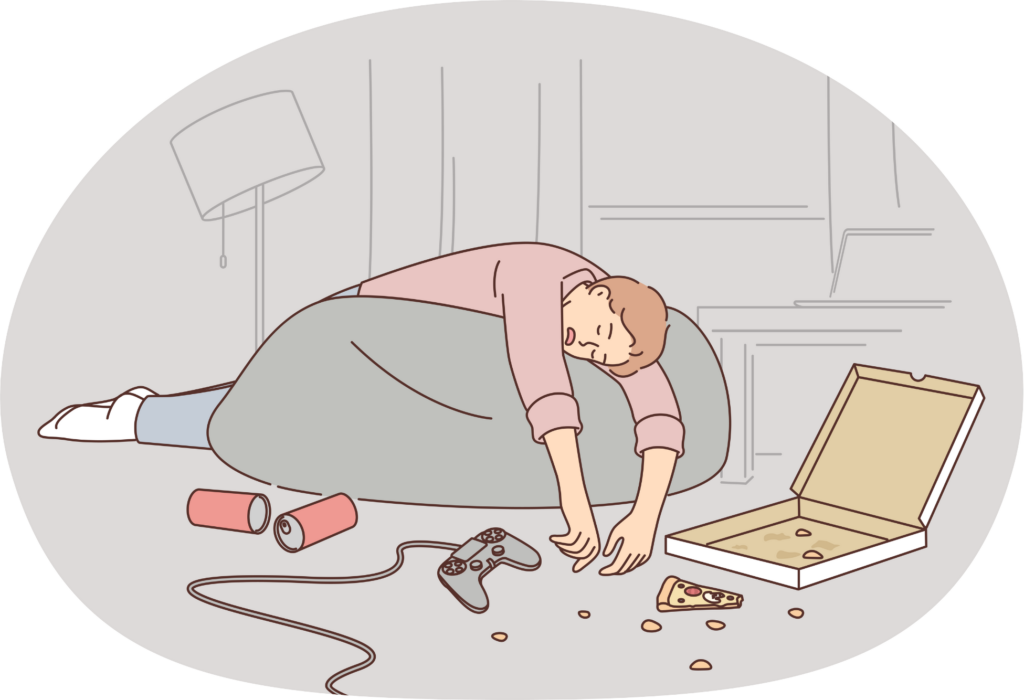 A person in a pink shirt leaning over a grey couch with their head resting on their hand, surrounded by a gaming console and a pizza box on the floor. The individual appears distressed or frustrated, possibly indicating a sense of disappointment or fatigue related to gaming or consuming pizza. The image conveys a feeling of giving up or being overwhelmed in a situation.
