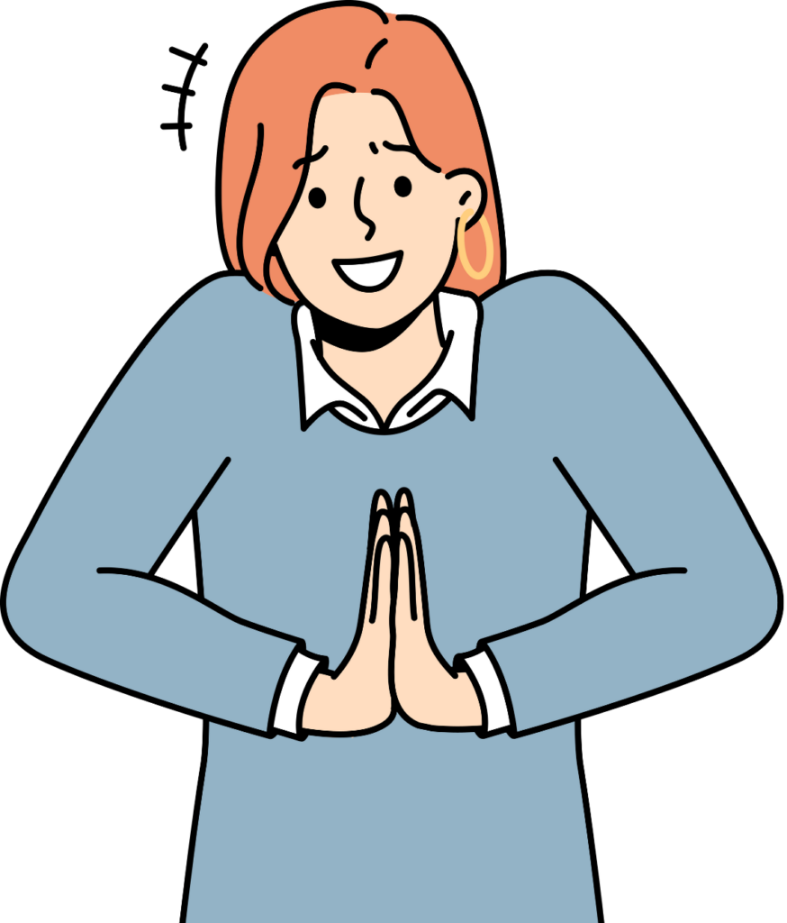 A cartoon-style illustration of a woman with red hair, a light blue shirt with a white collar, and gold hoop earrings. She is smiling and has her hands pressed together in a gesture of greeting or respect. The background is black.