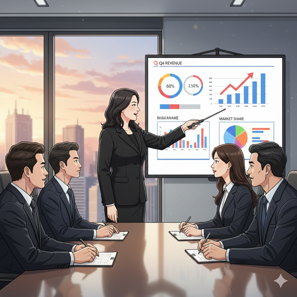 A professional woman in a black business suit presents to a group in a modern office setting. She gestures towards a screen displaying Q4 Revenue and Market Share charts. The background showcases a city skyline at sunset. This image aligns with an expat career guide, emphasizing advice and career opportunities in Japan for foreigners. Relevant keywords include South Korea, overseas, N2 saleswoman, consultant, dream job in Japan, networking, and Daijob's mission to connect global talent with jobs in Japan.