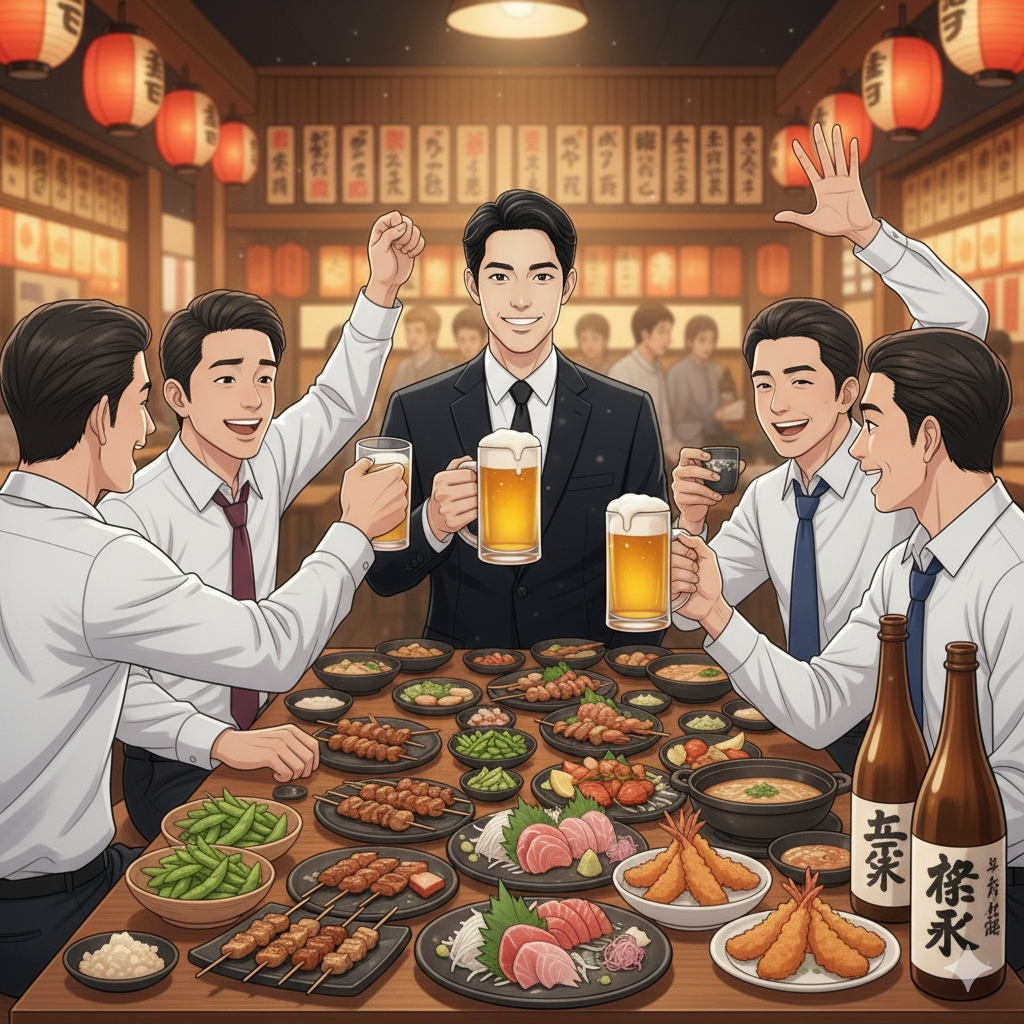 An animated group of Japanese businessmen in suits and ties enjoying a nomikai at a traditional izakaya. They raise beers and sake in a toast, surrounded by plates of yakitori, edamame, sashimi, and tempura. Red lanterns hang overhead. This scene may reflect the social aspect of working in Japan, possibly tied to a system engineer's journey after Getting Hired in Japan. It could relate to a 'Real Success Stories' interview on Daijob, highlighting experiences from overseas, transitioning 'From IT to Hospitality and Back to IT.' The image captures the essence of a nomikai, an office party integral to the work culture in Japan.