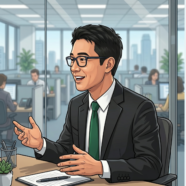 An Asian man in a suit and tie sits confidently at a desk in a modern office environment, engaged in what appears to be an interview or presentation. This stylized, animated illustration symbolizes career success and a significant career change in Japan. It underscores the importance of interview skills, technical proficiency, and the potential for secondary job opportunities, particularly within foreign-affiliated companies (gaishikei) in Japan. This image aligns with the ideals of Daijob.com's expat career guide, highlighting real success stories and the significance of JLPT N2 Japanese language skills for IT manager roles and other positions, reflecting a successful career change journey for expatriates in Japan.

