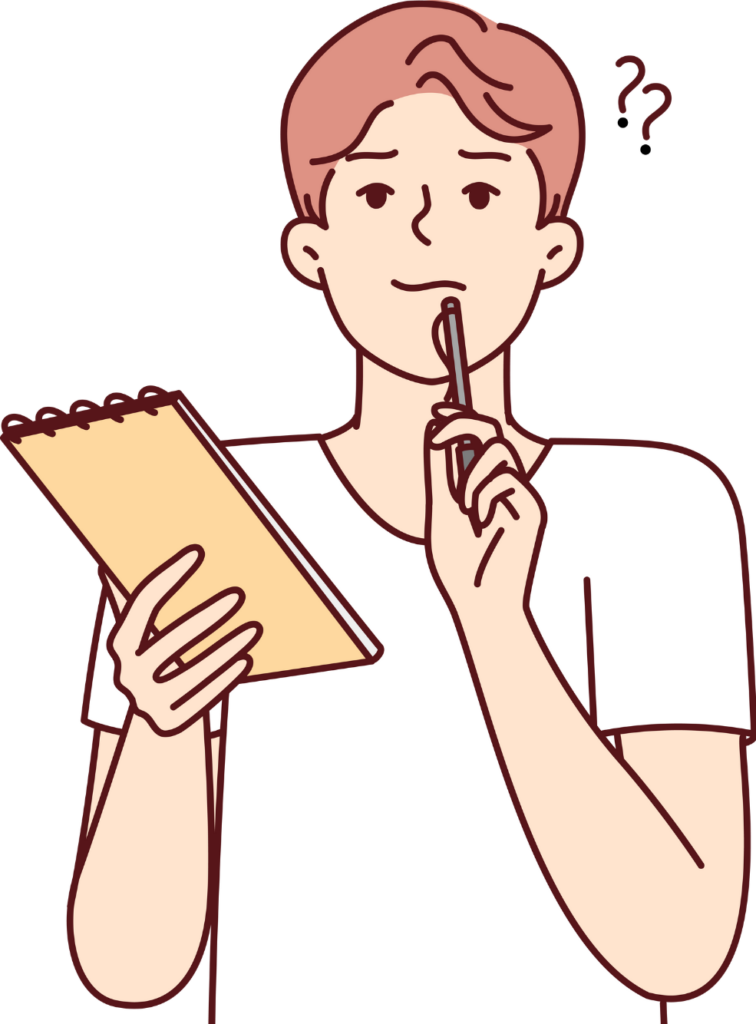man with notepad and pen to his chin looking up and thinking.